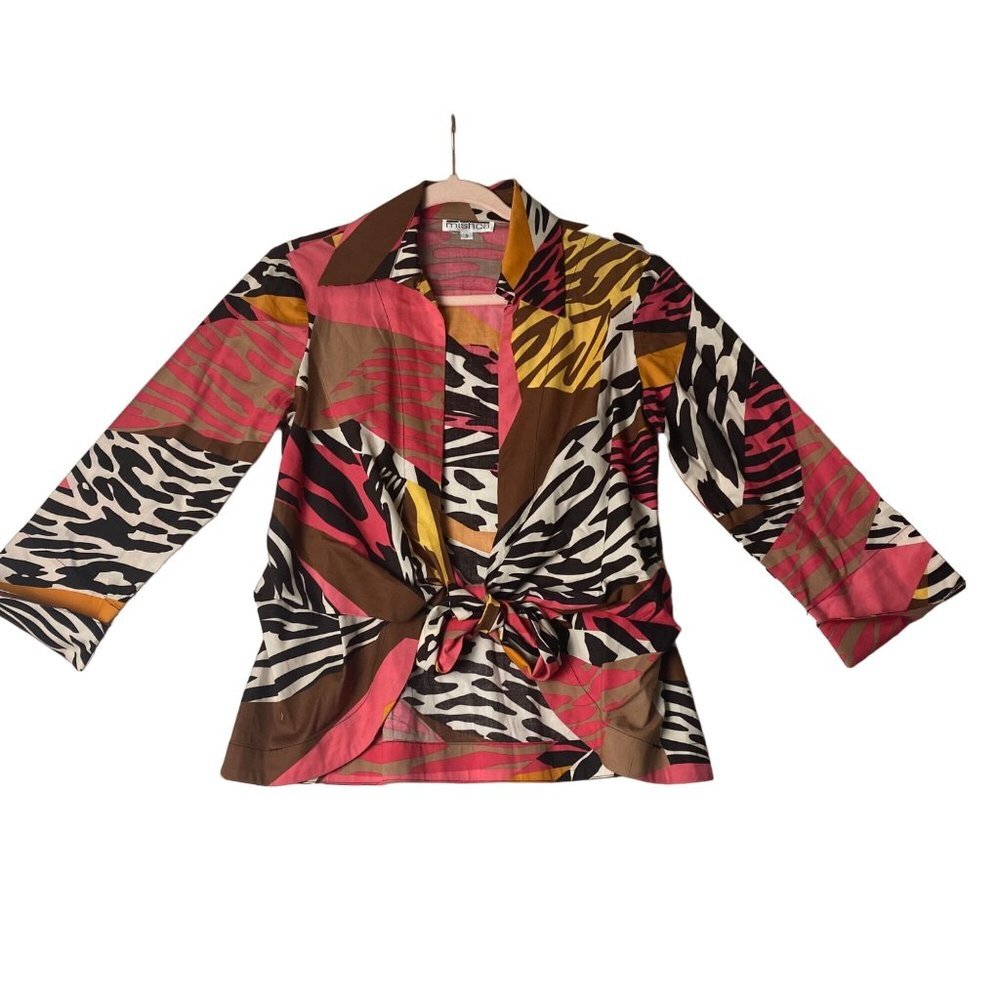 Mishca Open Tie Front Collar Animal Print Art Blazer Blouse Top Woman Small